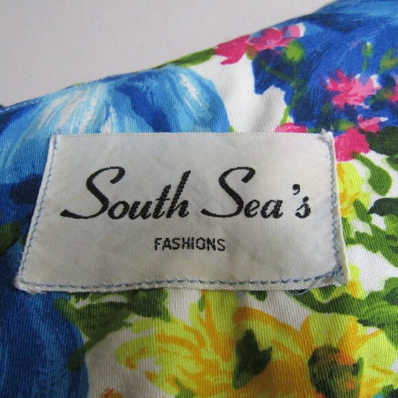 VINTAGE 70s S Blue Hawaiian Floral Tropical Luau Retro Mod Ruffle Dress - Picture 9 of 10